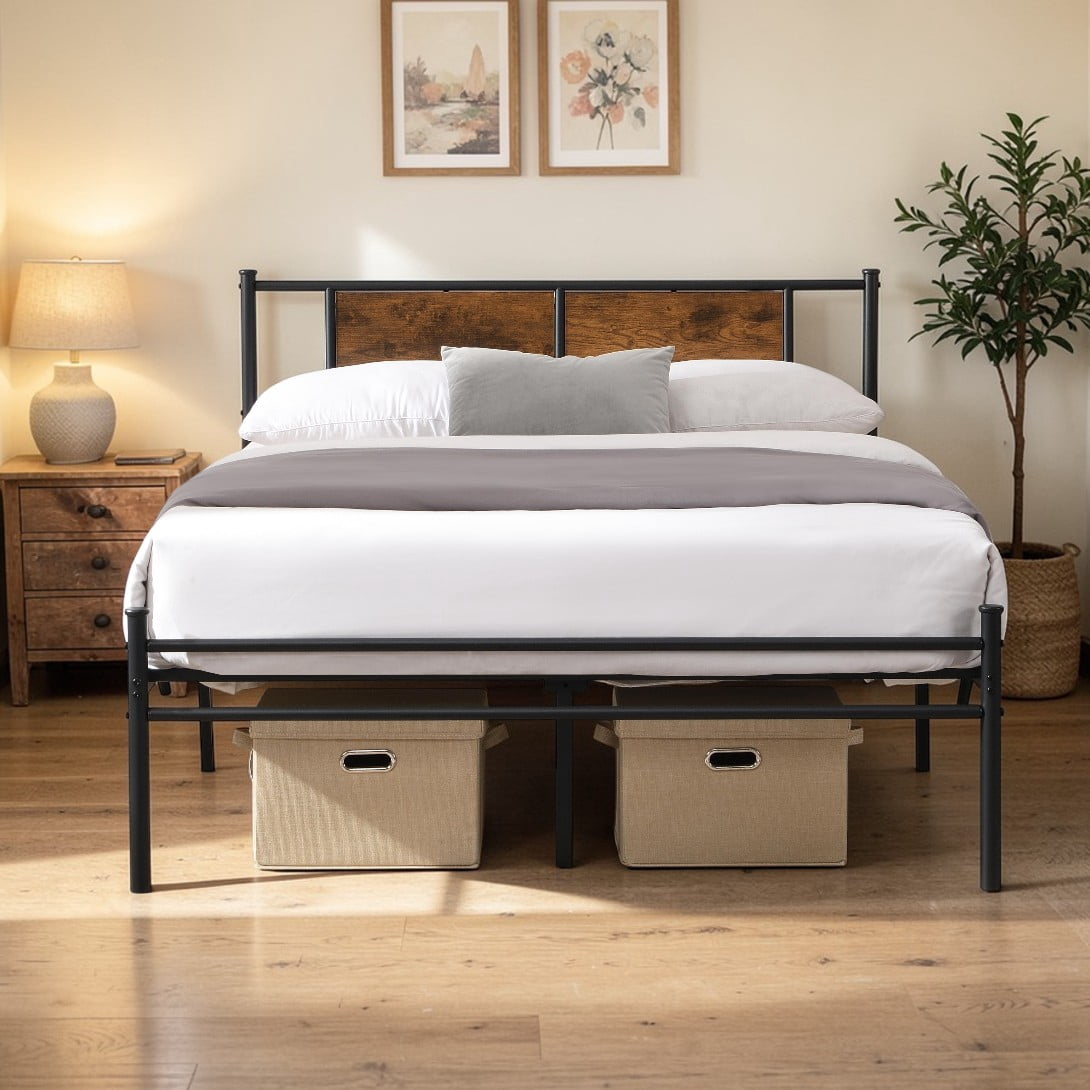 GZXS King Size Metal Platform Bed Frame with Wood Panel Headboard, 10.8" Under-Bed Storage, Noise-Free Steel Frame, No Box Spring Needed, Black & Brown