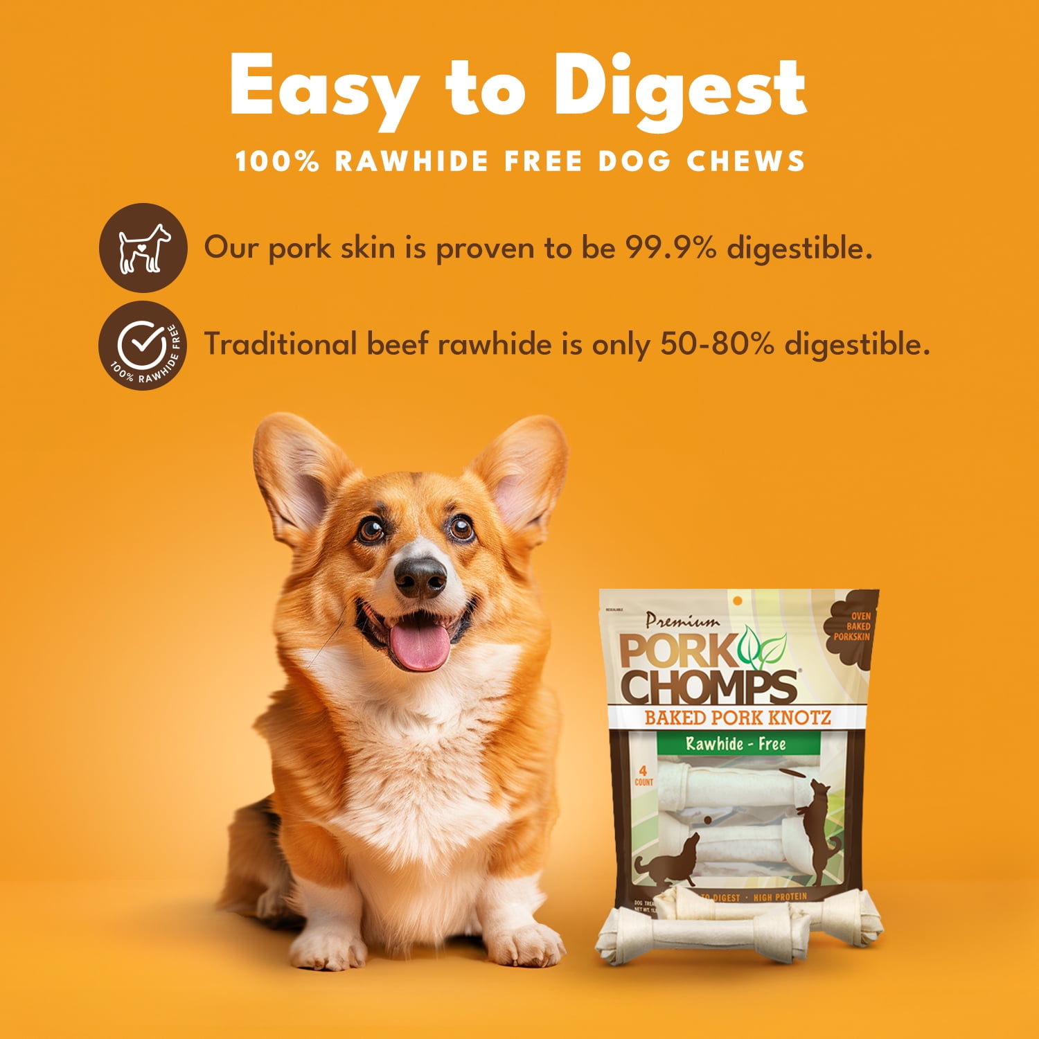 Pork Chomps Premium Rawhide-Free Baked Pork Skin Knotz for Dogs, 11 Inch, 4 Count