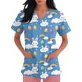 thumbnail image 4 of Womens Easter Scrub Tops V-Neck Short Sleeve Stretch Bunny/Egg Printed Nurse Working Uniforms, 4 of 5