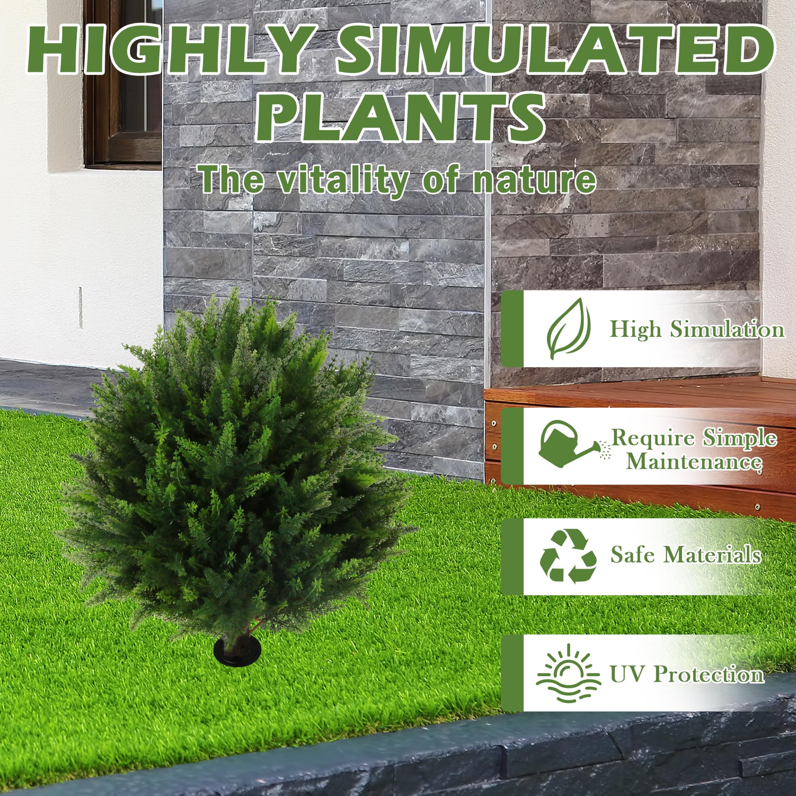 Bibana Artificial Cedar Topiary Ball Trees, Faux Cedar Shrub Bushes with Ground Spike 25.5", UV Resistant Fake Cedar Plants for Indoor, Garden, Yard, Porch, Patio Decor(set of 2)
