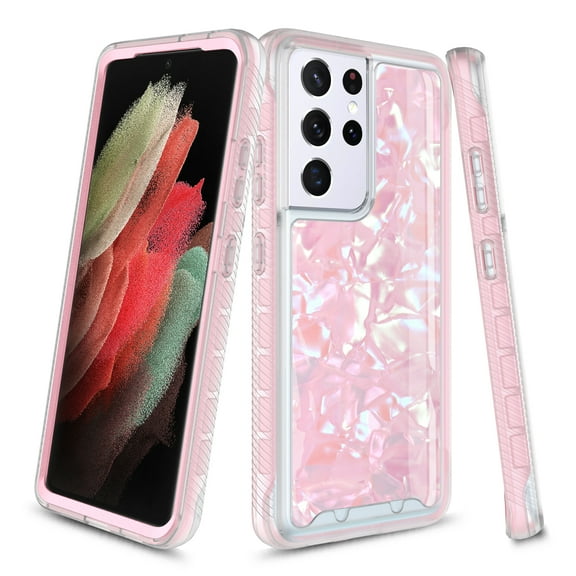 Samsung Galaxy S21 Ultra 5G Case, Rosebono Graphic Design Shockproof Impact Resistant Protective Full-Body Rugged Clear Hybrid Bumper Case for Samsung Galaxy S21 Ultra 5G (Pink Shell)