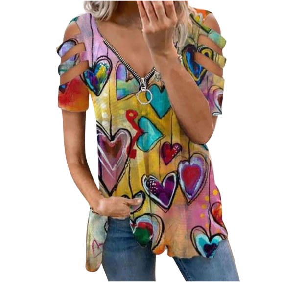 Women Hollow Out Print V Neck T Shirt Short Sleeve Blouse