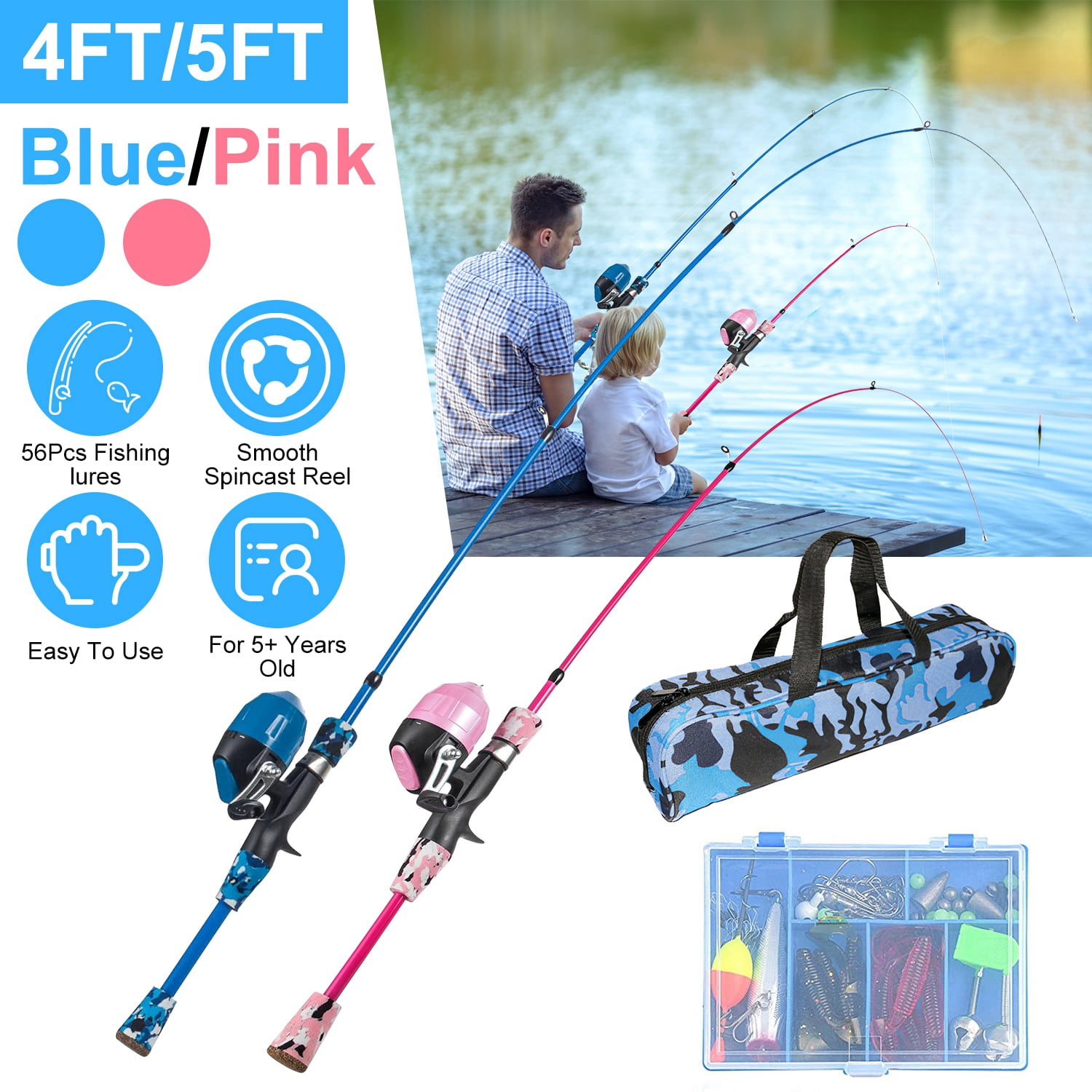 Moclever 5ft Kids Telescopic Fishing Rod and Reel Combo Kit with 56Pcs Lures for Boys Girls, Blue