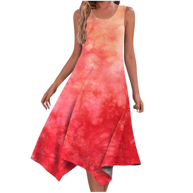 LNGOOR Robe d'Été Décontractée pour Femmes Sans Manches, Ourlet en Pointe, Robe Midi Fluide à Bretelles, Robe de Plage pour les Vacances