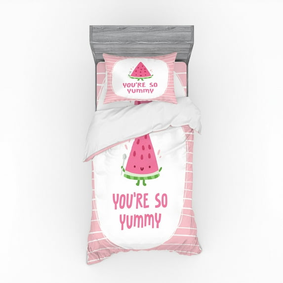Funny Duvet Cover Set, You are So Yummy Lettering with a Fresh Watermelon Summer Fruits Doodle, Bedding Set with Shams and Fitted Sheet, 3 Sizes, by Ambesonne