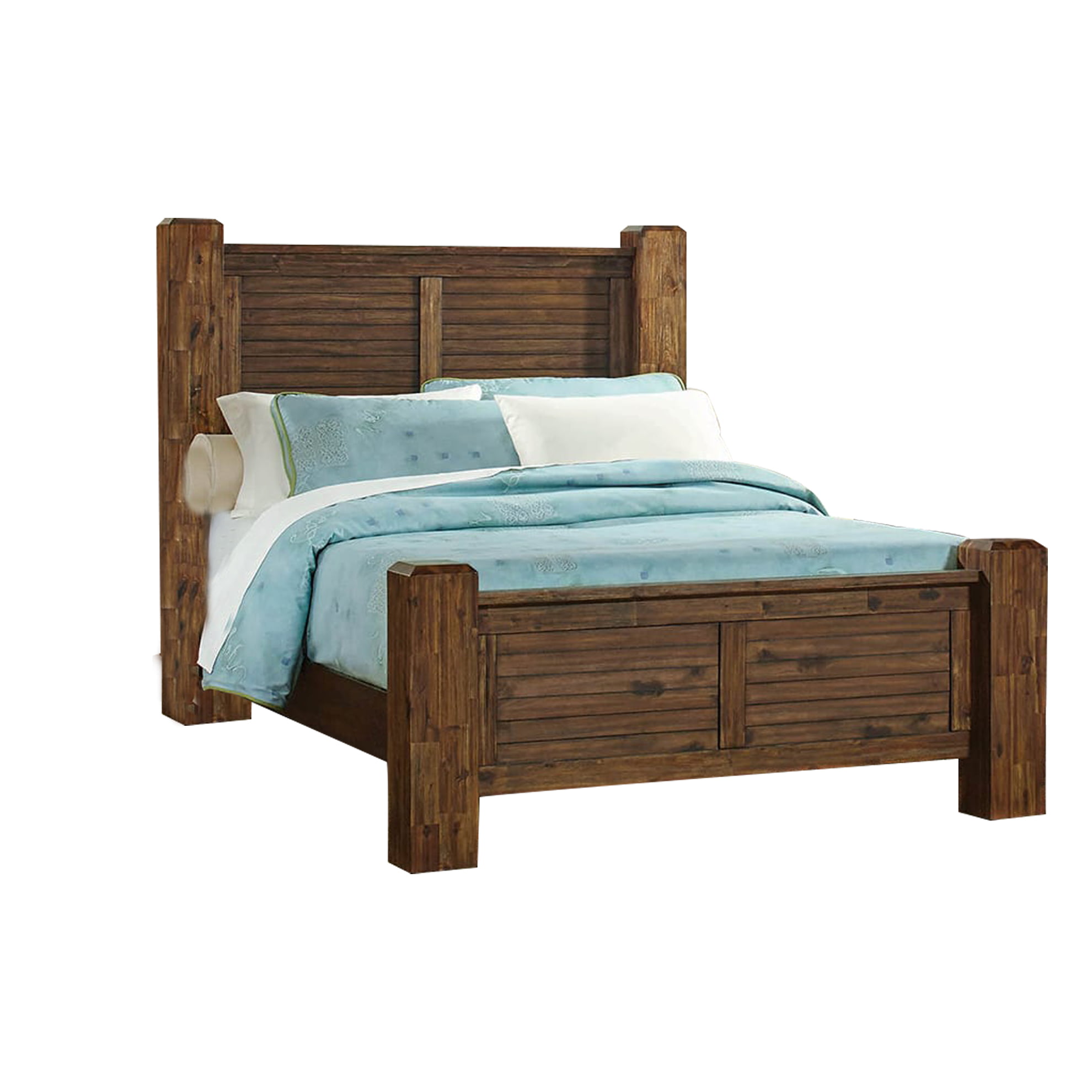 Wooden Queen Size Bed with Louvered Headboard and Footboard, Brown