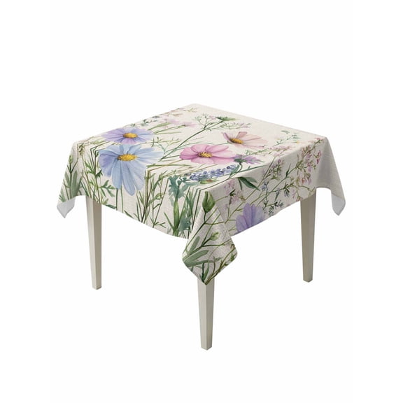 Spring Floral Table Cloth, Wildflowers Herbs Summer Botanical Vintage Waterproof Tablecloth for Square Tables, Reusable Washable Fabric Table Cover for Restaurant Kitchen Dining Tables 60"x60"