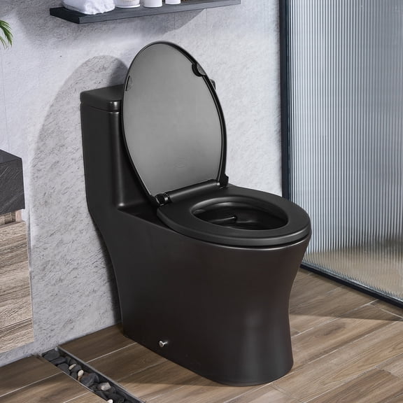 VEVOR One-Piece Toilet, Elongated Toilet Vortex Dual-Flush 1.0/1.28 GPF, Toilets for Bathroom with Comfortable Chair Seat, Standard Height, Easy-Clean Skirted Design, 12 inch Rough-In, Black Silver