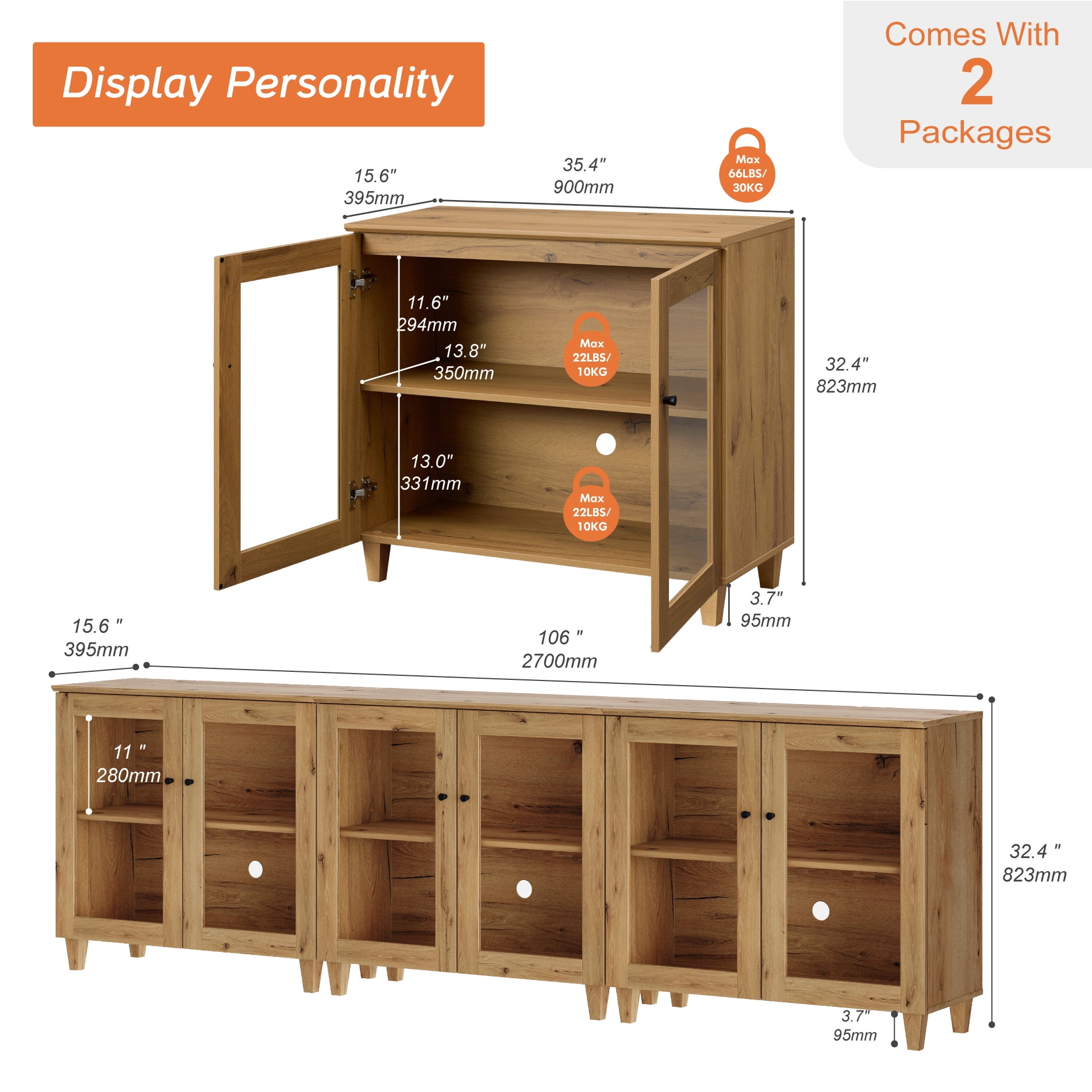Set of 3 Buffet Cabinet Sideboard With Glass Doors, Adjustable Shelves and Cable Management For Kitchen Dining Room, 106" W, Brown Wood