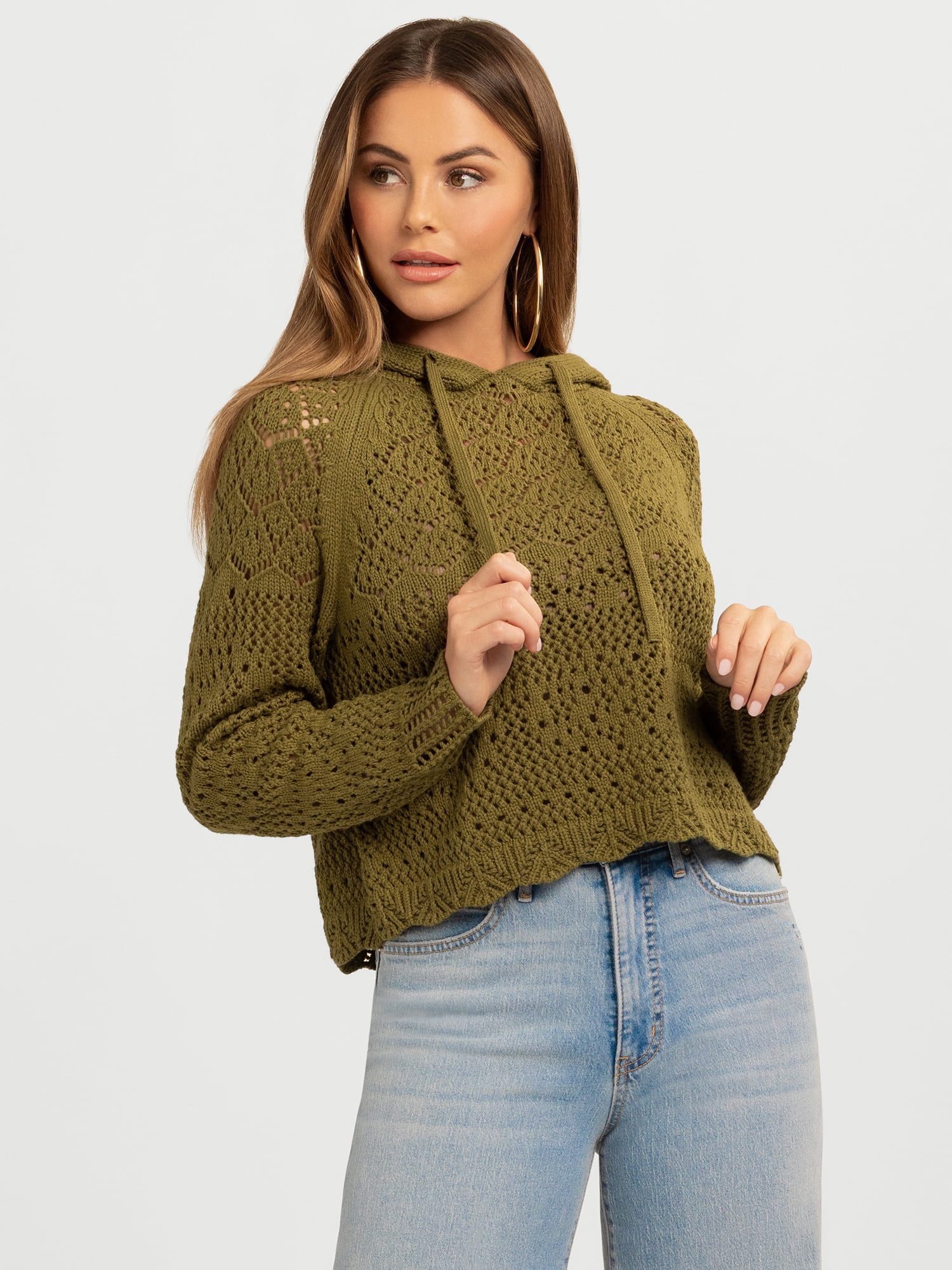 Jessica Simpson Women's Mikaela Pointelle Hoodie Sweater with Long Sleeves, Lightweight, Sizes XS-XL