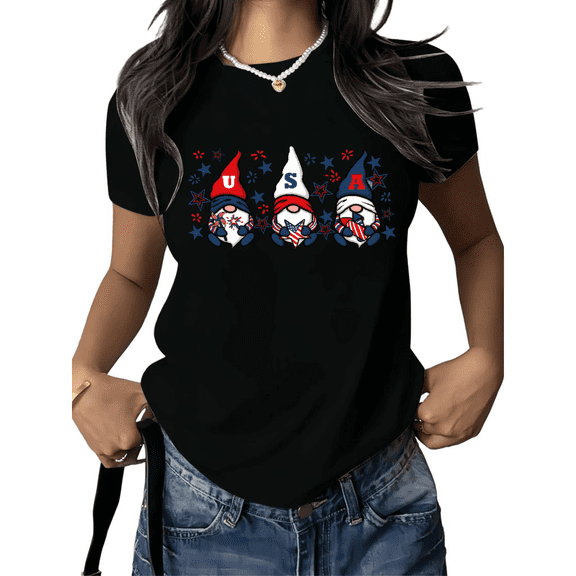 Cozymy Women's USA Gnome Patriotic Graphic Short Sleeve T-Shirt Funny Print Cotton Crewneck Loose Fit Casual Tops