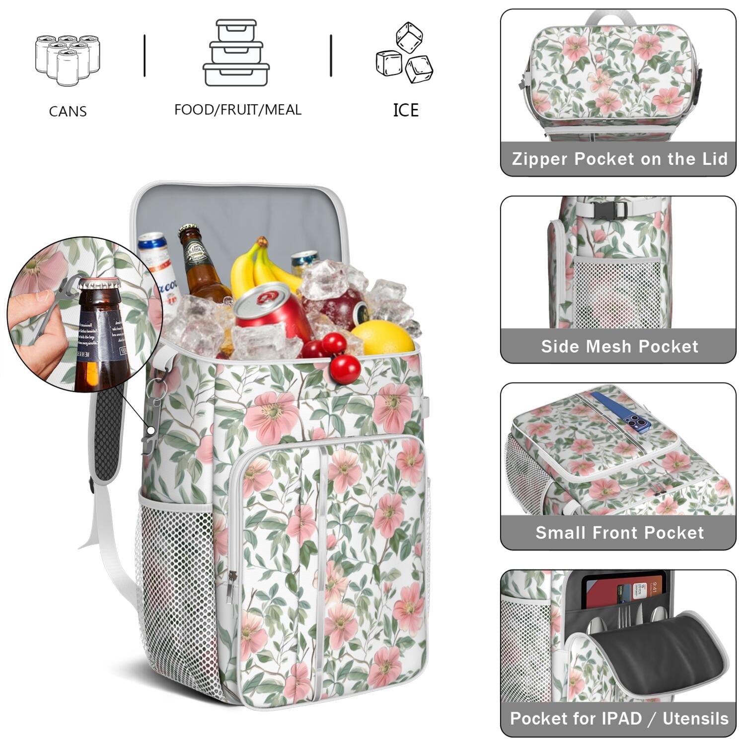 Travel Cooler Bag - Pioneer Flower Floral Print Pattern Camping Beer Cooler Backpack with Bottle Opener- Waterproof Insulated Picnic Backpacks - Cooler Bag for Beach