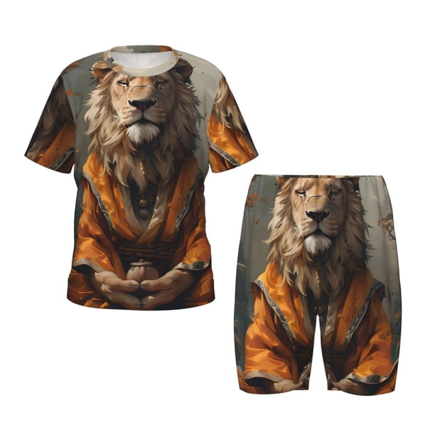Balery Jungle Meditating Lion Conjunto de Pijama Infantil de Manga Corta con Estampado – Ropa de Dormir de Algodón Suave-Large