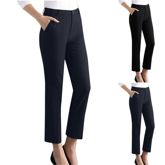 pstuiky Womens Dress Pants, Solid Color Casual Long Straight Leg Pants with Pockets Summer Womens Trousers Black L