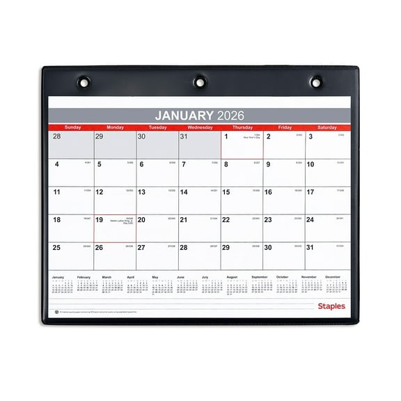 2026 Staples 11" x 8" Monthly Calendar White/Red/Gray (ST12949-26)