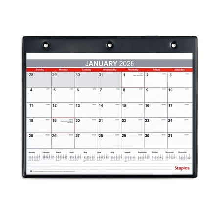 2026 Staples 11" x 8" Monthly Calendar White/Red/Gray (ST12949-26)