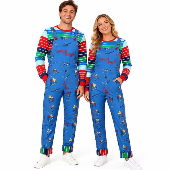 Scary Doll Costume for Adults – Striped Top & Printed Overalls – Halloween Party, Trick-or-Treat, Dress-Up Outfit