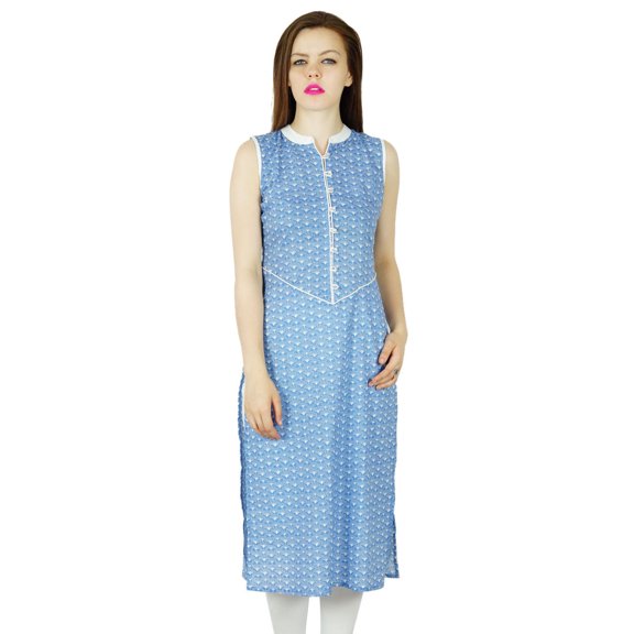 Bimba Women Long Rayon Kurta Kurti Blue Sleeveless Tunic Casual Clothing