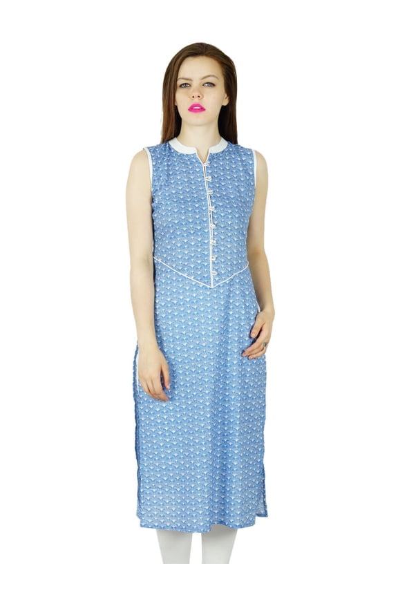 Women Long Rayon Kurta Kurti Blue Sleeveless Tunic Casual Clothing