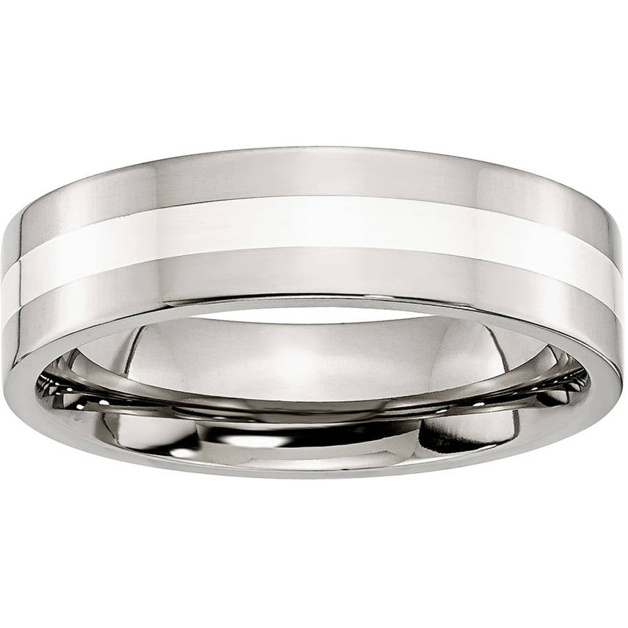 Primal Steel Stainless Steel Sterling Silver Inlay Flat 6mm Polished