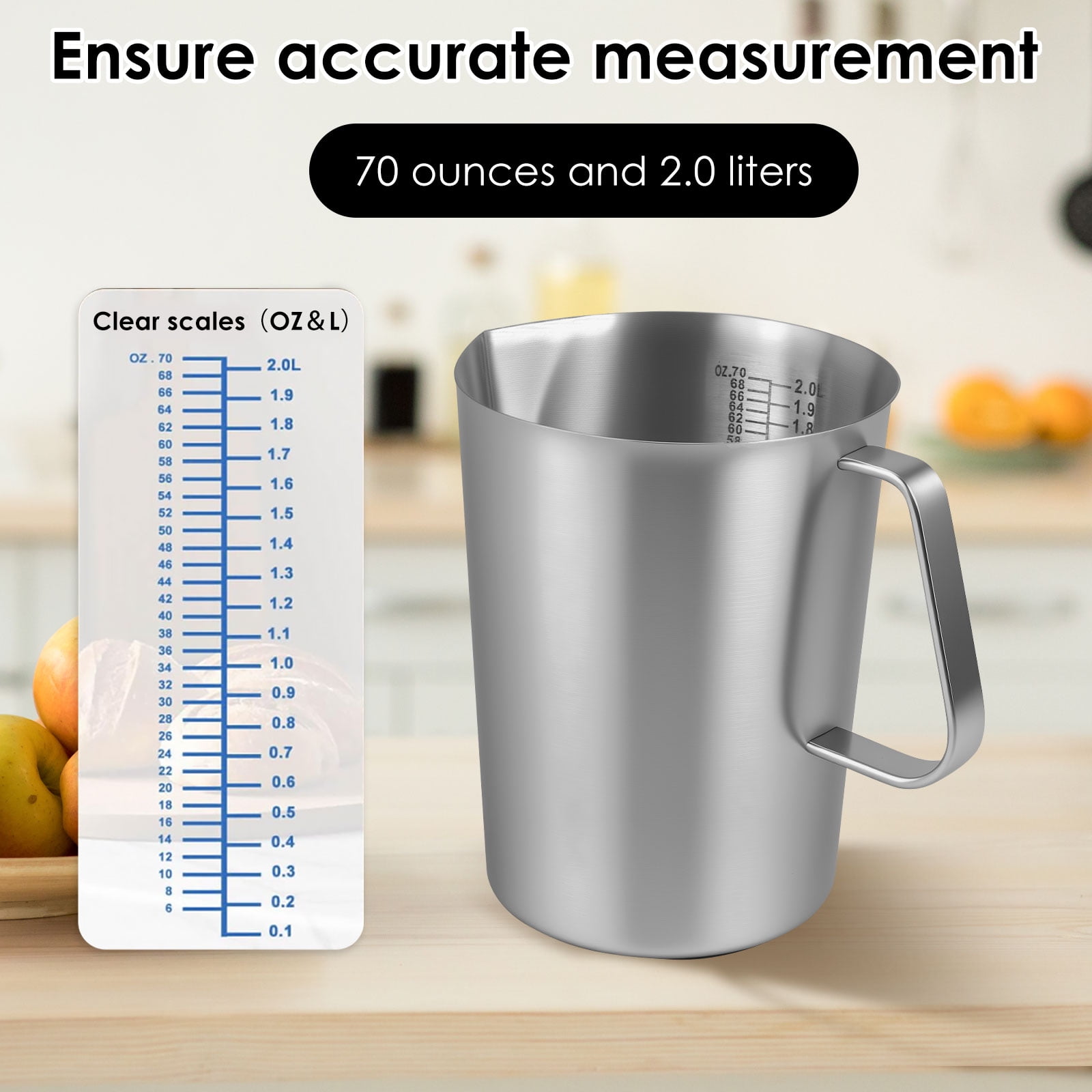 Stainless Steel Measuring Cup 70 oz Milk Frothing Pitcher with Lid, 2L Metal Water Jug Carafe with Engraved Markings for Coffee Espresso Machine