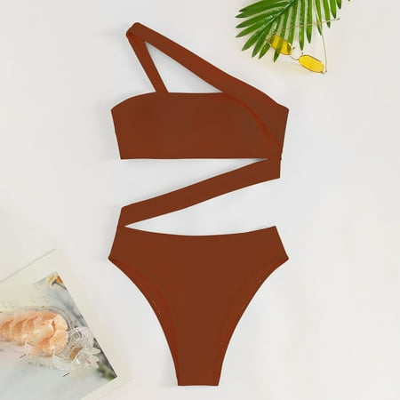 Rigardu Hot Sale!! Women s One Shoulder One Piece Swimsuit Tummy Control Bathing Suits Modest Cutout Swimwear Women s New Solid Color Hollow Tube Top Straps Slanted Shoulder Bikini Coffee S
