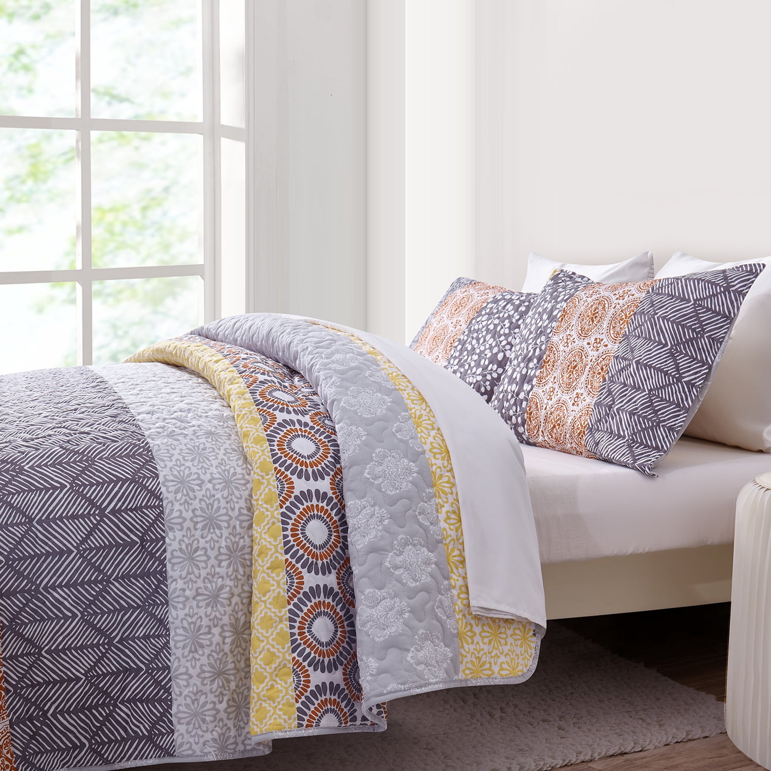 Johnpey Boho 3-Piece Yellow Botanical Quilt Bedding Sets, King