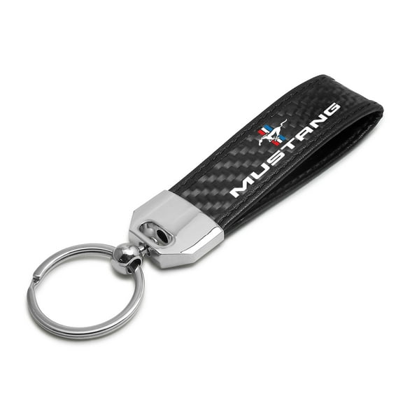 Ford Mustang Tri-Bar Real Carbon Fiber Leather Strap Key Chain with Black stitching