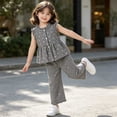 thumbnail image 4 of hoksml Girls Checkered 2-Piece Outfit Sleeveless Ruffle Top and Wide Leg Pants Set with Bow Embroidery, 4 of 6