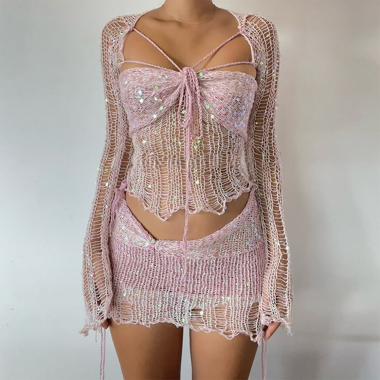 Women's Crochet Sequin Dress 2 Piece Outfits Crop Top Long Sleeve Split  Knitted Skirts Matching Sets Y2k Fashion Sparkle Mini Dress Sets -  Walmart.com