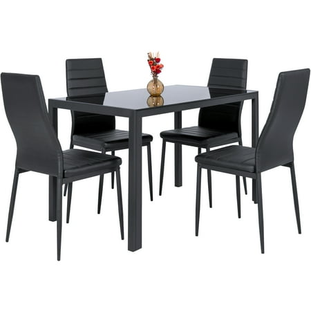 Dinettes Plus Furniture Best Choice Products 5-Piece Kitchen Dining Table Set w/ Glass Tabletop, 4 Faux Leather Metal Frame Chairs for Dining Room, Kitchen, Dinette, Black ()
