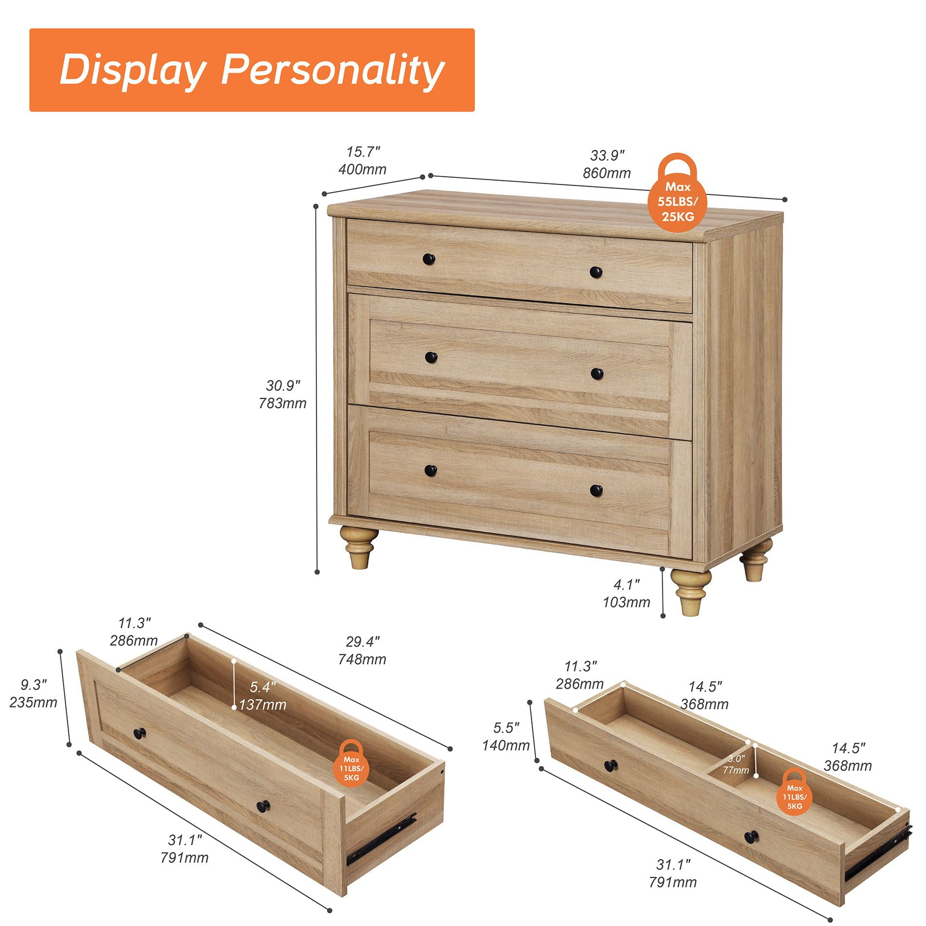 Farmhouse Dresser for Bedroom with 3 Drawers, Mid Century Modern Kids Dressers with Wood Closet Storage Organizer, Small Dressers for Nursery, Hallway, Living Room, Beige