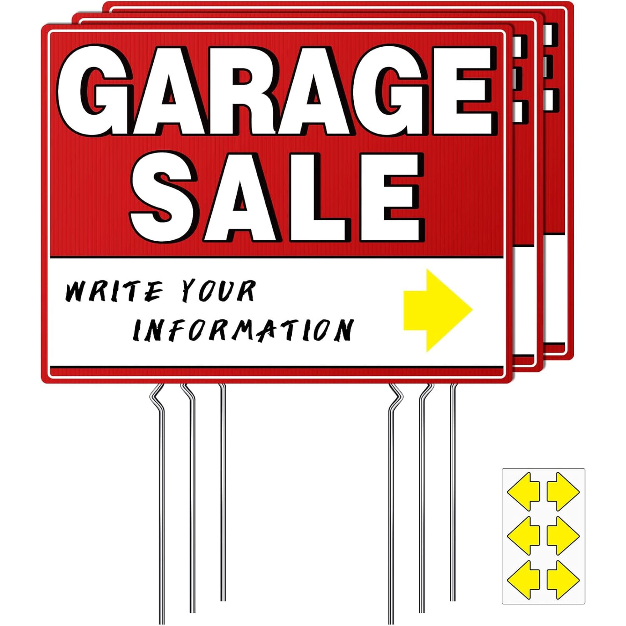 Garage Sale Signs with Stakes 17 x 13 Double-Sided Yard Sale Sign with Arrow Stickers Weather-Proof (3 Pack)