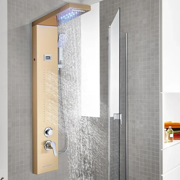 Brushed Gold LED Rain Waterfall Shower Panel Tower System with Body Massage Jets