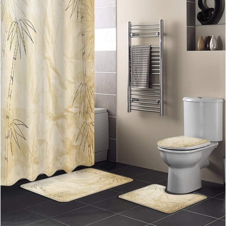 FMSHPON Retro 4 Piece Bathroom Set Shower Curtain Bath Rug Contour Mat and Toilet Lid Cover