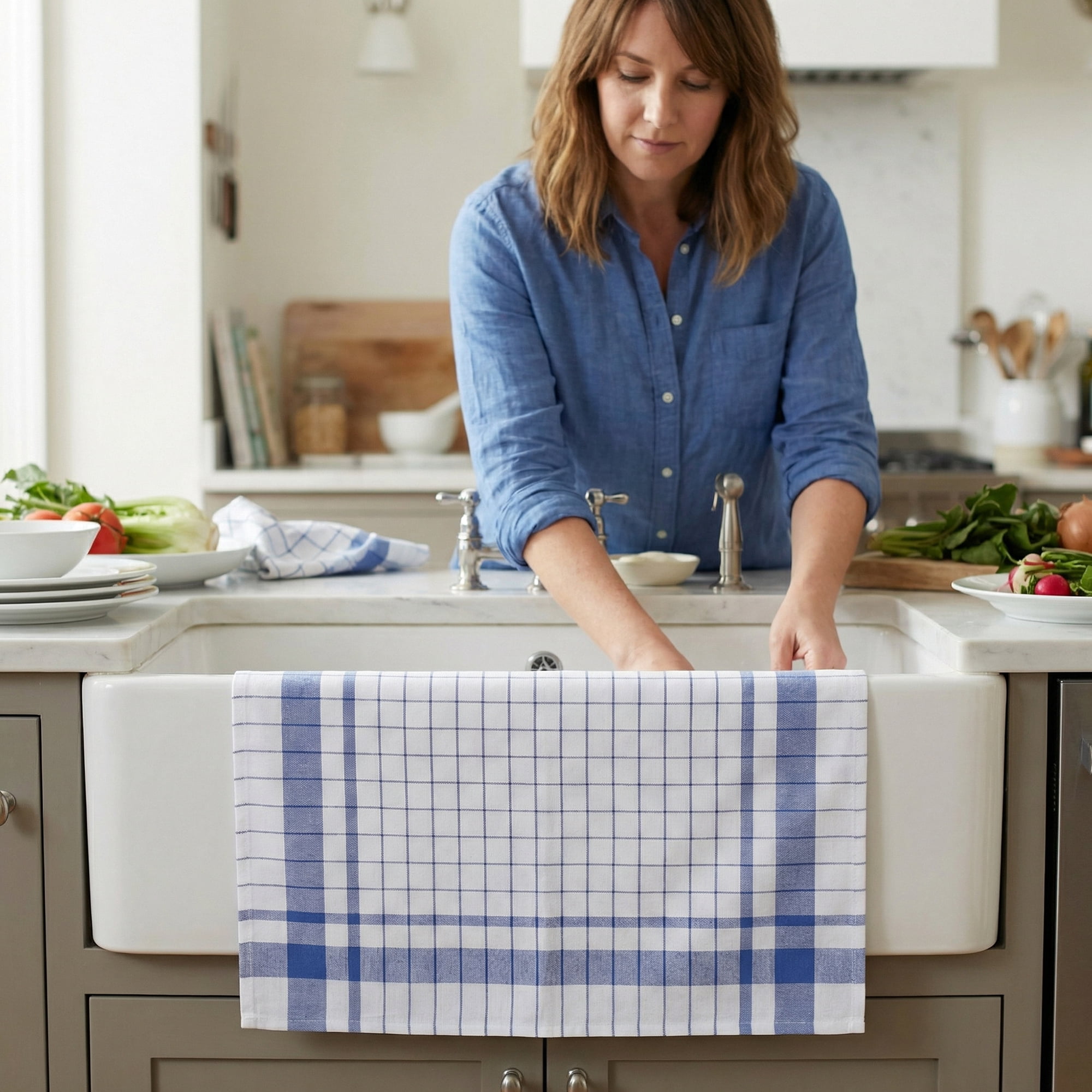 Unique Bargains Plaid Absorbent Quick-Drying Kitchen Towels 4 Pack Blue/Green 28" x 16"