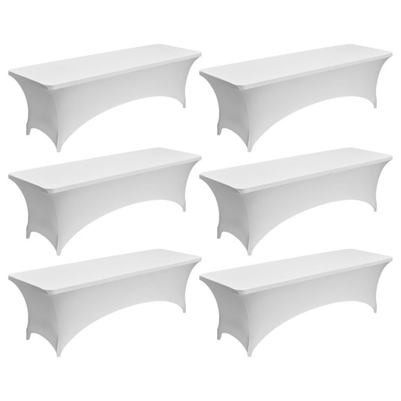 KFFKFF 6 Pack Spandex Table Cover for 8FT Rectangular Fitted Events, Wrinkle-Resistant Stretch White Table Covers, Washable Spandex Tablecloth Protector