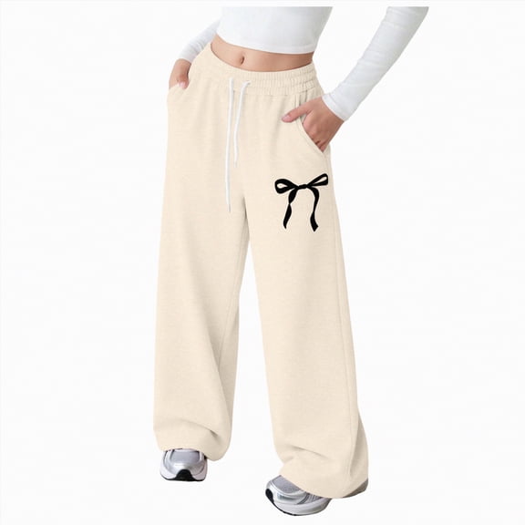 mgoYE Cute Sweatpants for Teen Girls Bowknot Baggy Sweat Pants Elastic High Waist Wide Leg Lounge Athletic Pants(Beige,5-6 Years)