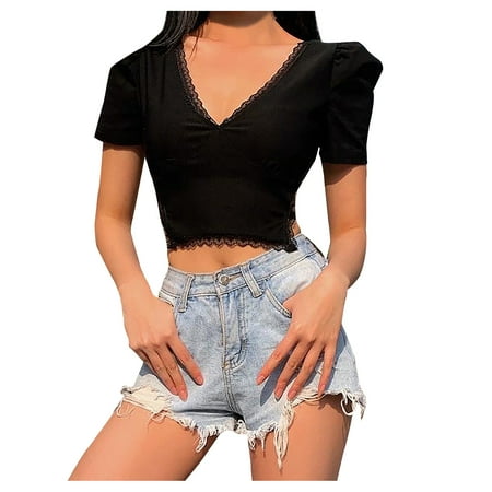 Mittory Lace Trim Crop Tops for Women Tee Tops Cap Sleeve Low Cut Slim Fit Aesthetic Babydoll Tee Shirt