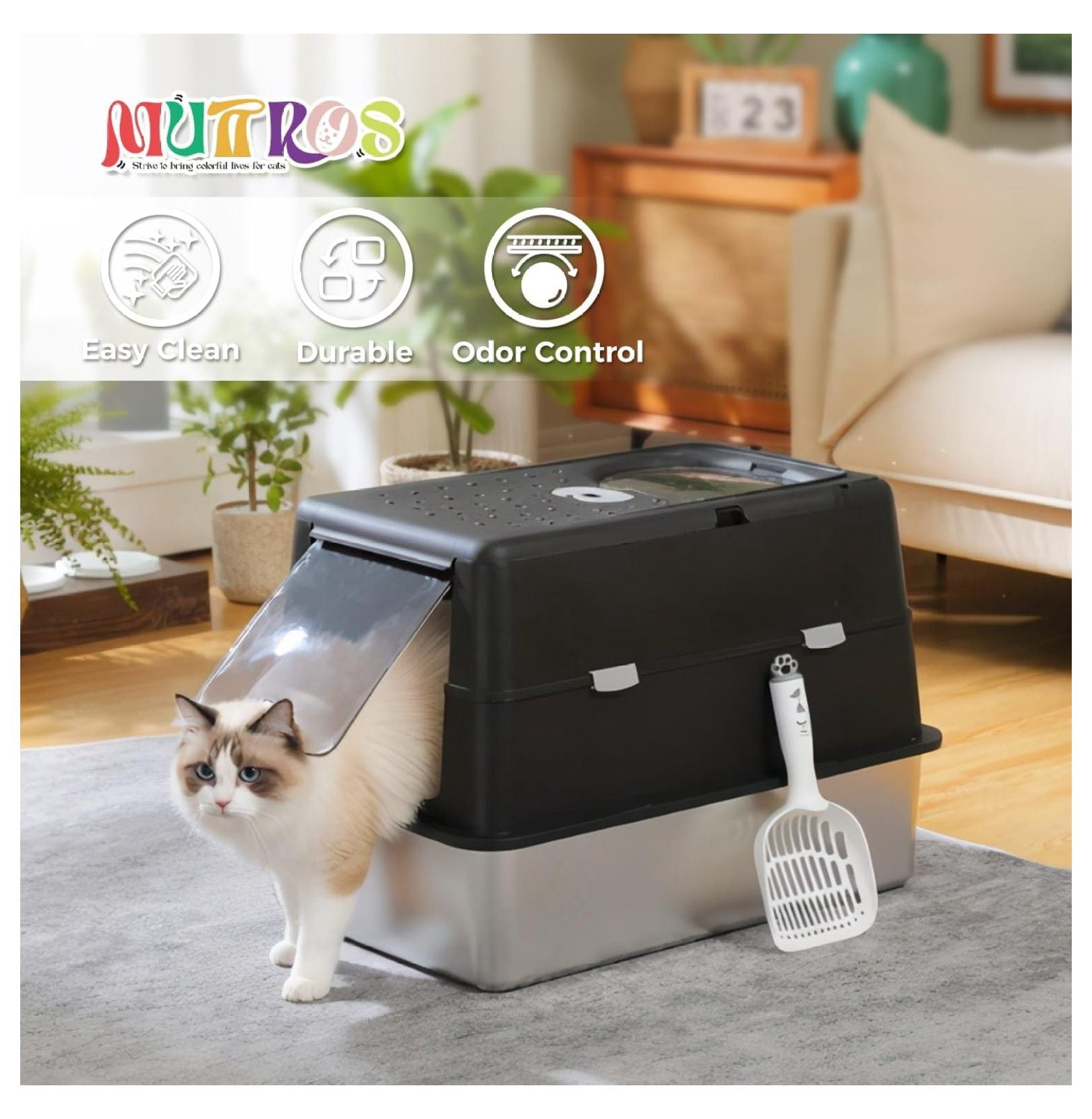 Stainless Steel Litter Box with Lid, Anti-Leak & Odor Free Enclosed Box, XL Extra Large High Sided for Big Cats, Front Top Dual Entry, Includes (Black)
