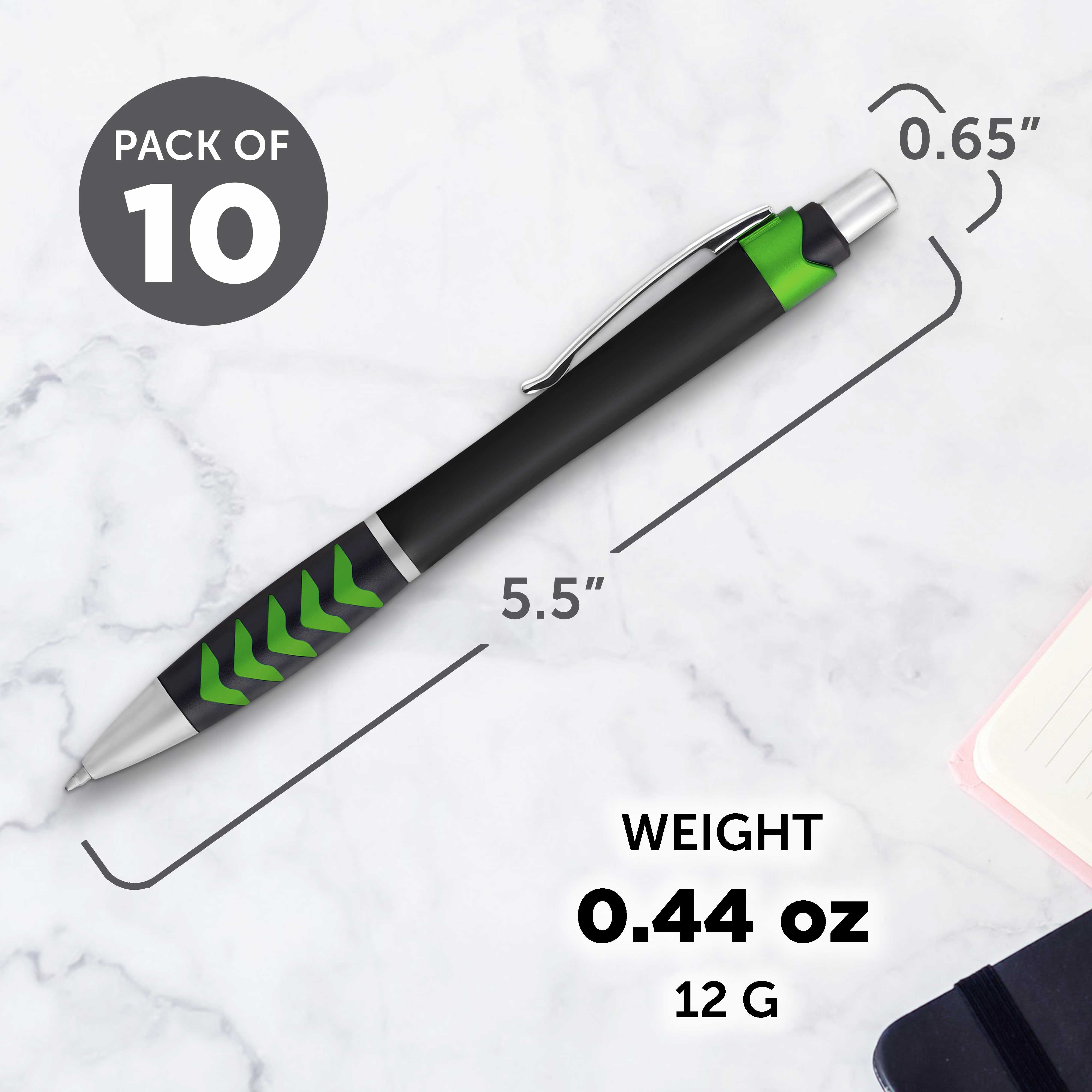 10 Racetrack Ballpoint Pens Pack - Black barrel, Colored Grip - Green