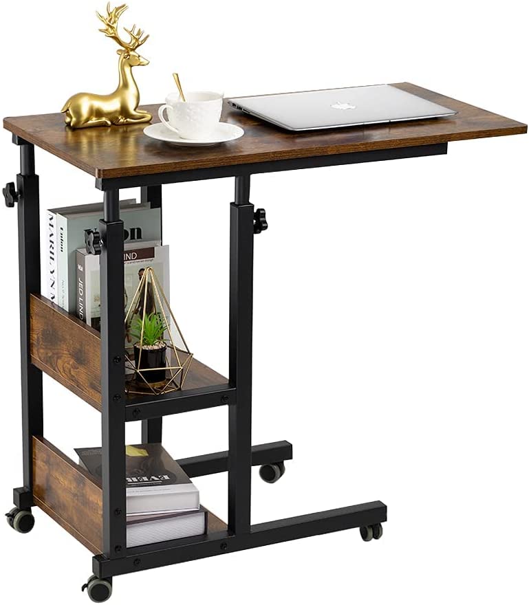 YIGOU C Shaped Side Table Adjustable, Height Adjustable C Table with Wheels and Storage Shelves