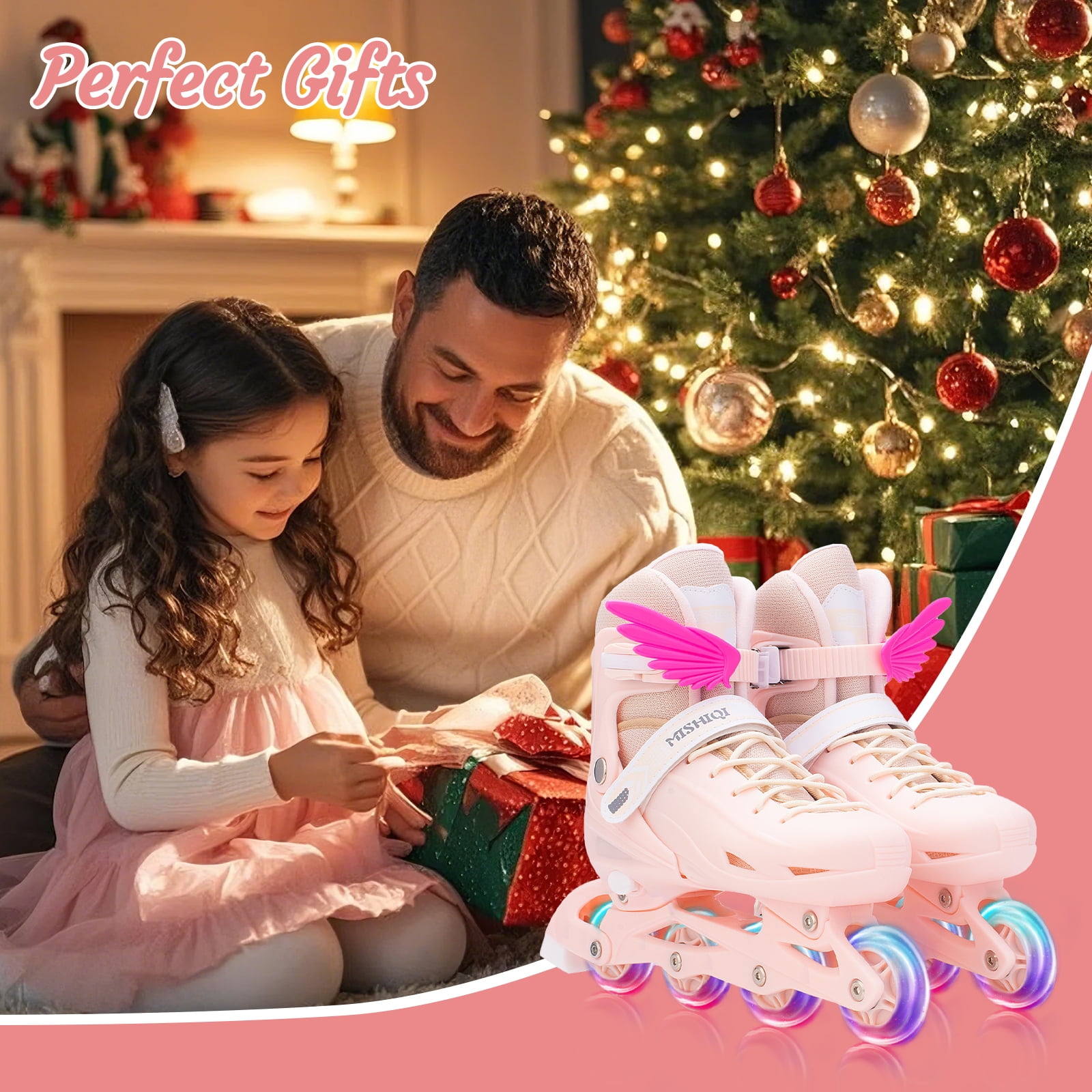 GIATUEE Adjustable Light up Kids Roller Skates for Boys Girls, Inline Skates with Bag, Pink(Large)