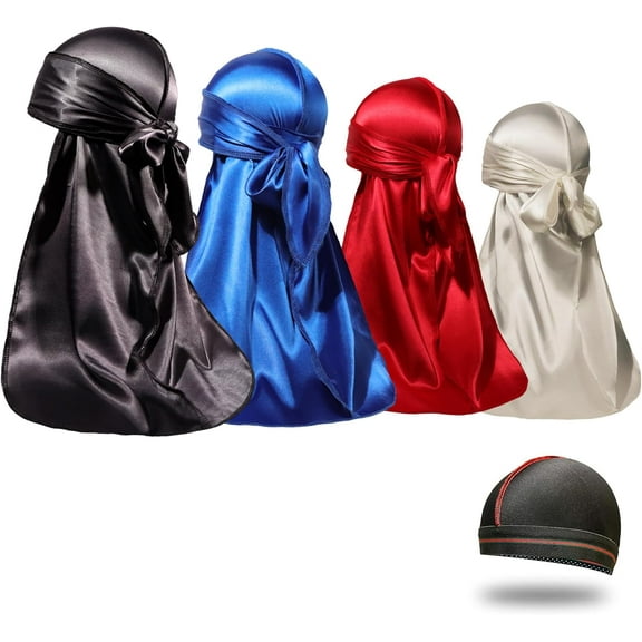 4PCS Silky Durags for Men Women 360 Waves with 1 Wave Cap, Silky Satin Durag Extra Long Tails