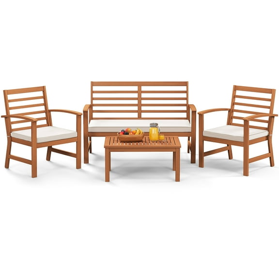 Gymax 4PCS Outdoor Furniture Set w/ Soft Seat Cushions Stable Acacia Wood Frame