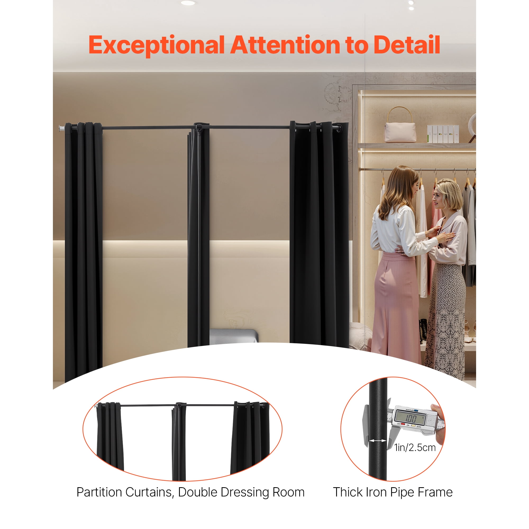 KFFKFF Portable Fitting Room with Durable Polyester Curtains, Double Changing Spaces with Divider Curtains, Ideal for Boutiques, Studios, Tailor Shops, Offices, and Malls, 79 x 39 x 79 in (Black)