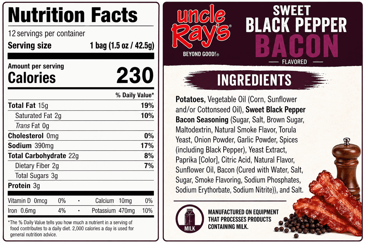Uncle Ray’s Sweet Black Pepper Bacon Potato Chips, 1.5 oz Bags (Pack of 12) | Individual Snack Size Crispy Chips | Sweet & Smoky Bold Flavor |  Bundled by SUPERDEALS with Mystery Gift