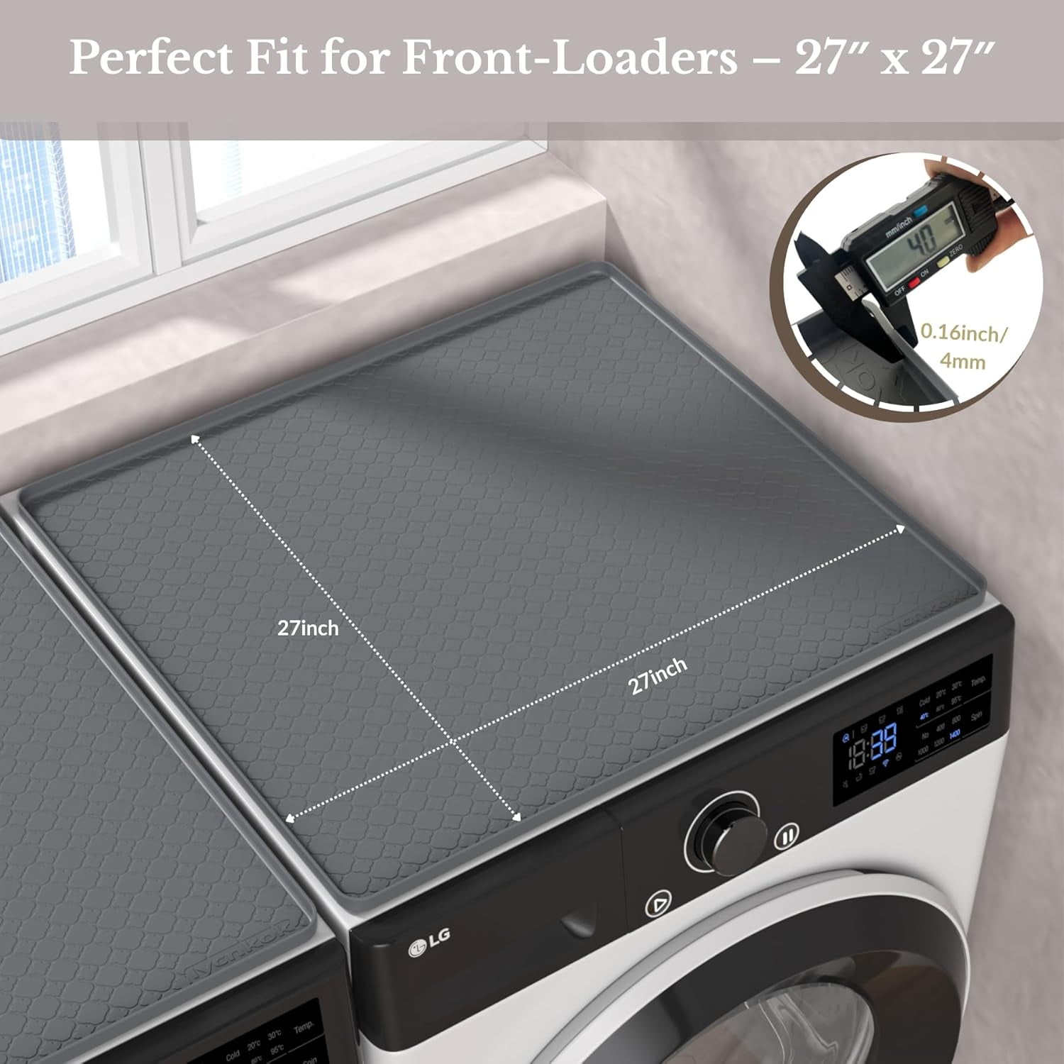 Washer and Dryer Covers for the Top - 27''x 27'' Silicone Protector Mat for Washing Machine Countertop - Non-slip Rubber Waterproof Dustproof Ideal for Laundry Kitchen - Gray 2 Pack