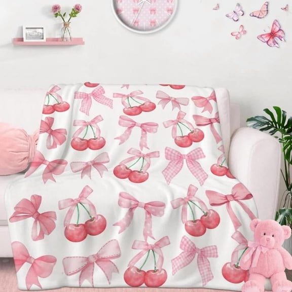[Maple] [60x50inch] Soft Funny Throw Blanket Cute Pink Cherry Bow Coquette Girly Blanket Gifts For Kids Women Teens Flannel Bowknot Pattern Blanket For Preppy Spring Decor