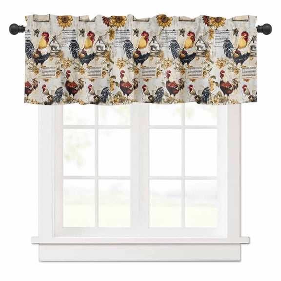 Vintage Rooster Valances for Windows Sunflower Farmhouse Rural Country Rod Pocket Curtain Valance Window Treatment Short Curtains for Kitchen Living Room, 54"x18"